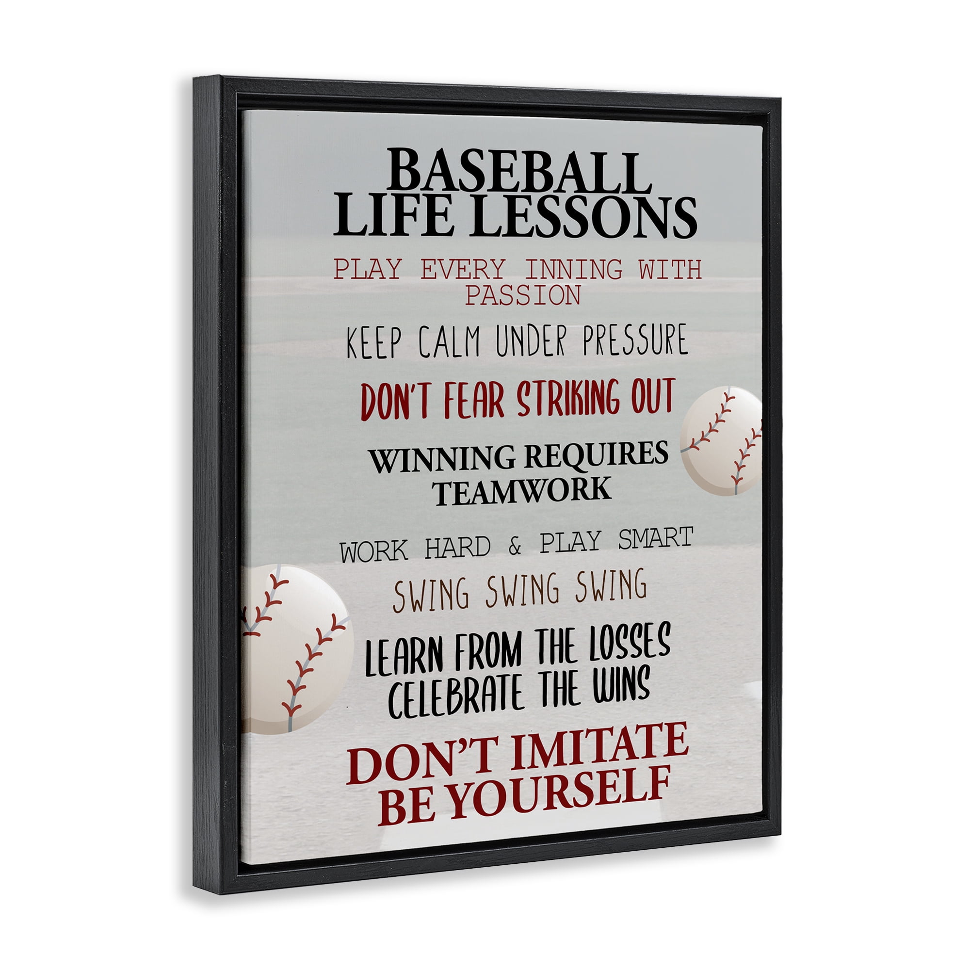 Baseball Life Lessons Black Framed Floater Canvas Wall Art, design by Kim Allen