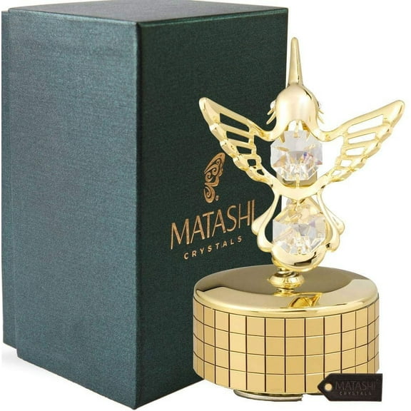 24K Gold Plated Music Box with Crystal Hummingbird Figurine
