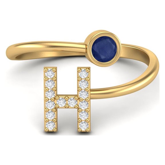 Capital H Initial Letter Blue Sapphire Adjustable Front Open 925 Sterling Silver Gold Vermeil Women Valentines Day Gifts Ring
