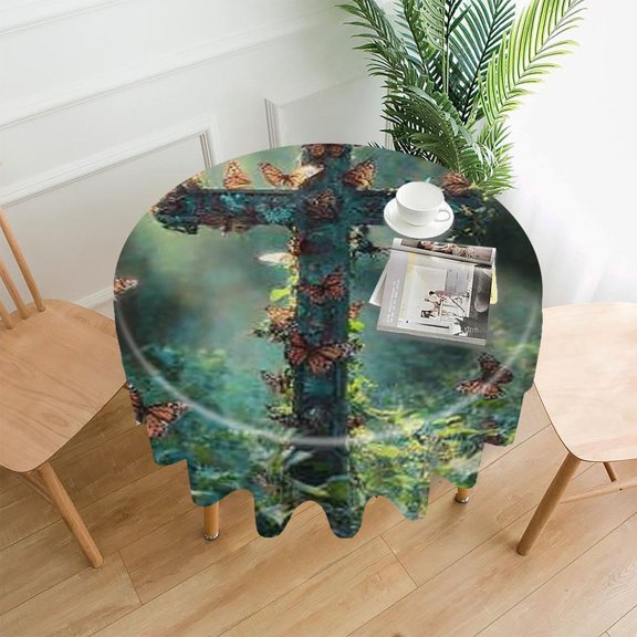 RKSupls 60 Inch Round Tablecloth, Butterflies Cross Forest Premium Polyester Straight Edge Wrinkle Resistant Washable Table Cover for Party Home Dining Decor