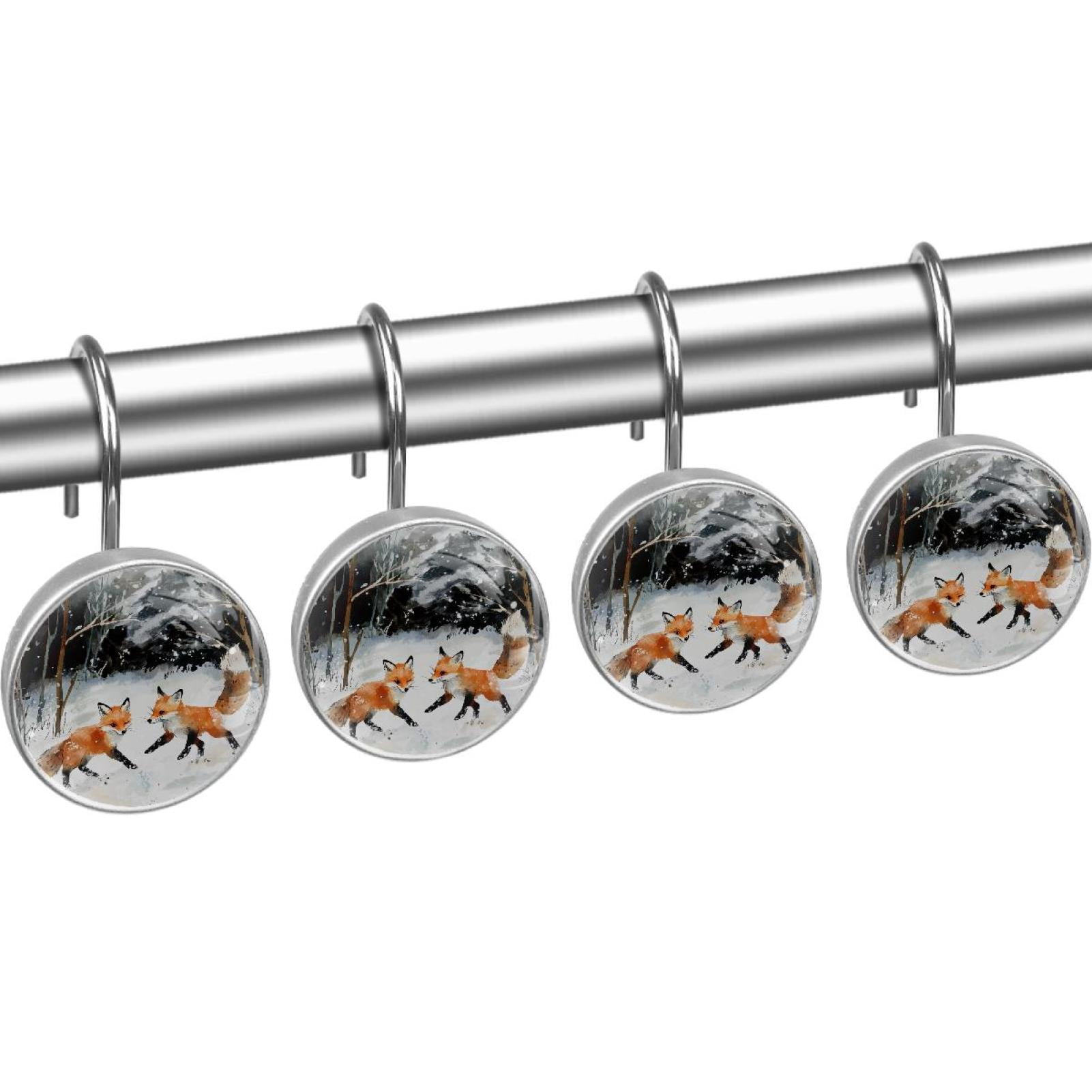 Little Foxes on Snow Shower Curtain Hooks Round Crystal Glass, Set of 12 Shower Curtain Rings - Shower Hooks for Curtain Shower Rings