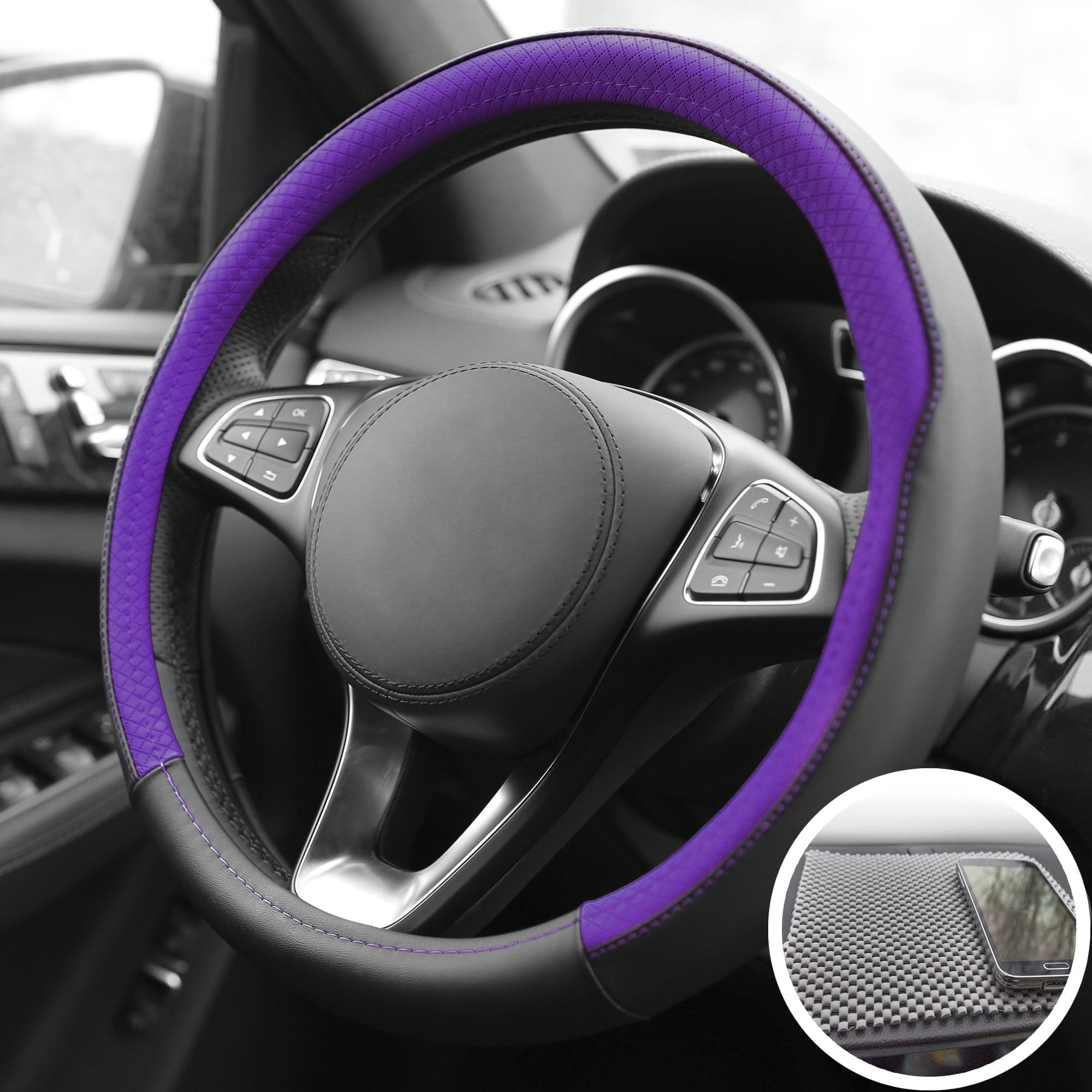 FH Group Two Tone Steering Wheel Cover Leather For Auto Purple Black w