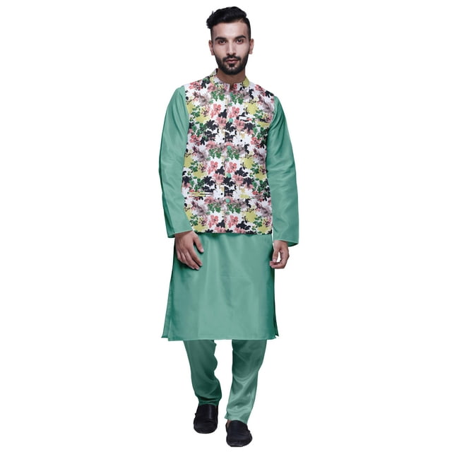 Atasi Ethnic Dupion Silk Kurta Pyajama Set With Printed Nehru Jacket For Mens