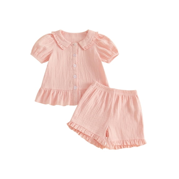 Cenuakty Toddler 0-3T Girls Summer Outfit Ruffled Hem Button up Short Sleeves T-Shirt and Elastic Shorts Set Cute 2 Piece Clothes