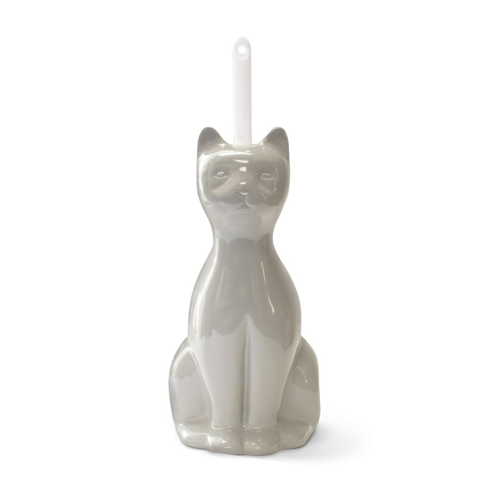 Splash Home Ceramic Cat Toilet Brush And Holder, Grey