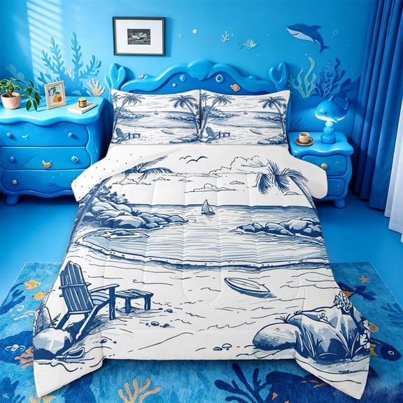 jejeloiu Coastal Sketch Beach Full Size Comforter Sets,Palm Chair Seascape Bedding Comforter Set For Boys,Blue White,Reversible,3 Pieces,1 Comforter and 2 Pillowcases