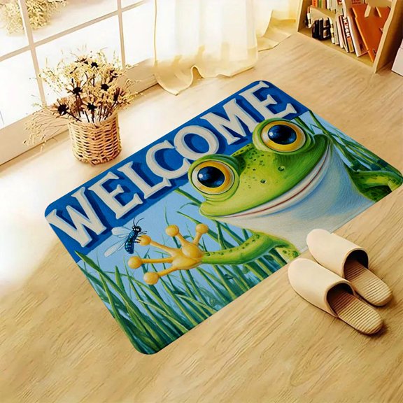 One cute frog waving at you with big eyes print floor mat, machine washable, made of lightweight polyester, suitable for outdoor porch, kitchen, living room, bathroom or office decoration.