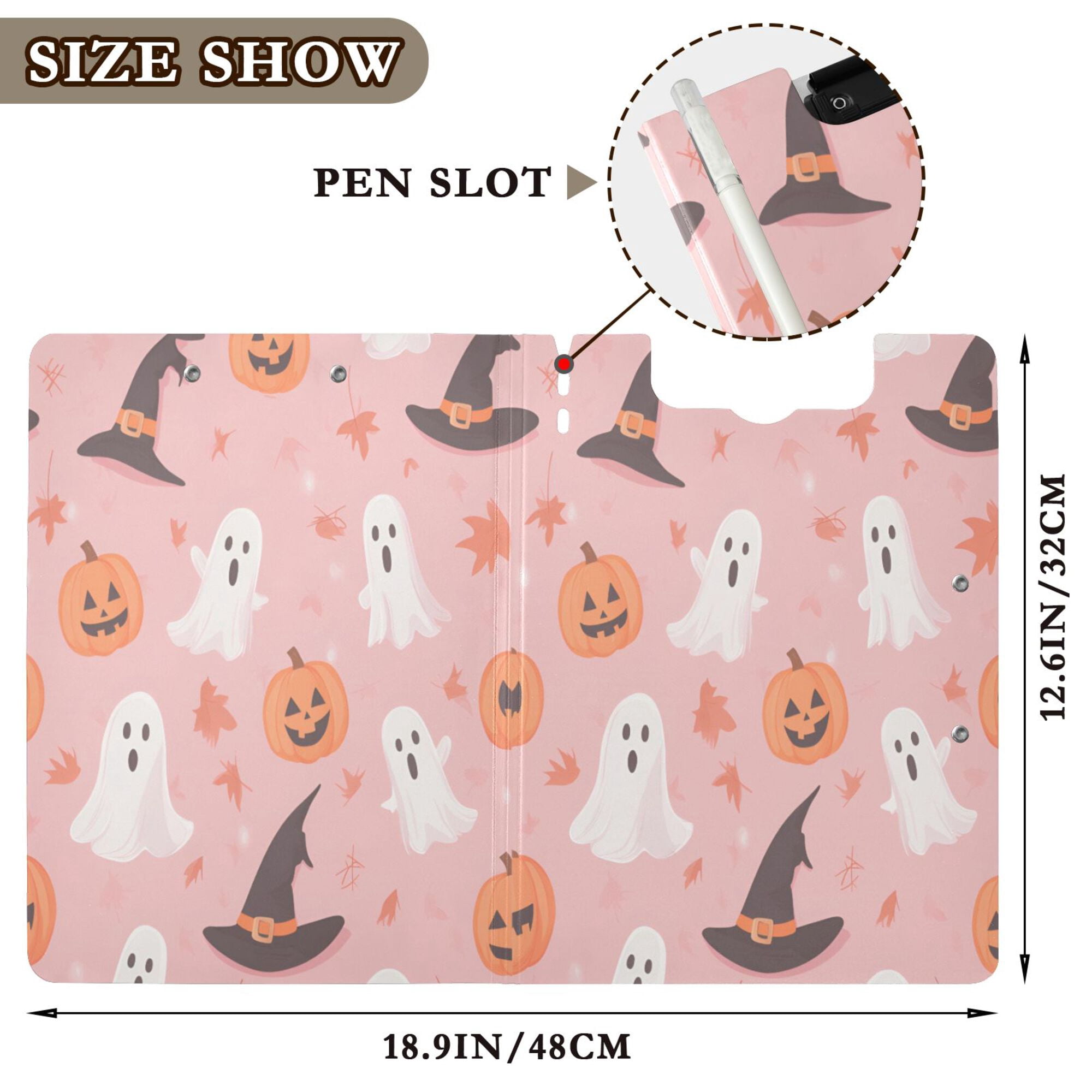 FORMRS A4 Clipboard Folder with Pen Holder Horizontal Foldable School Office Binder, Cute Pink Halloween