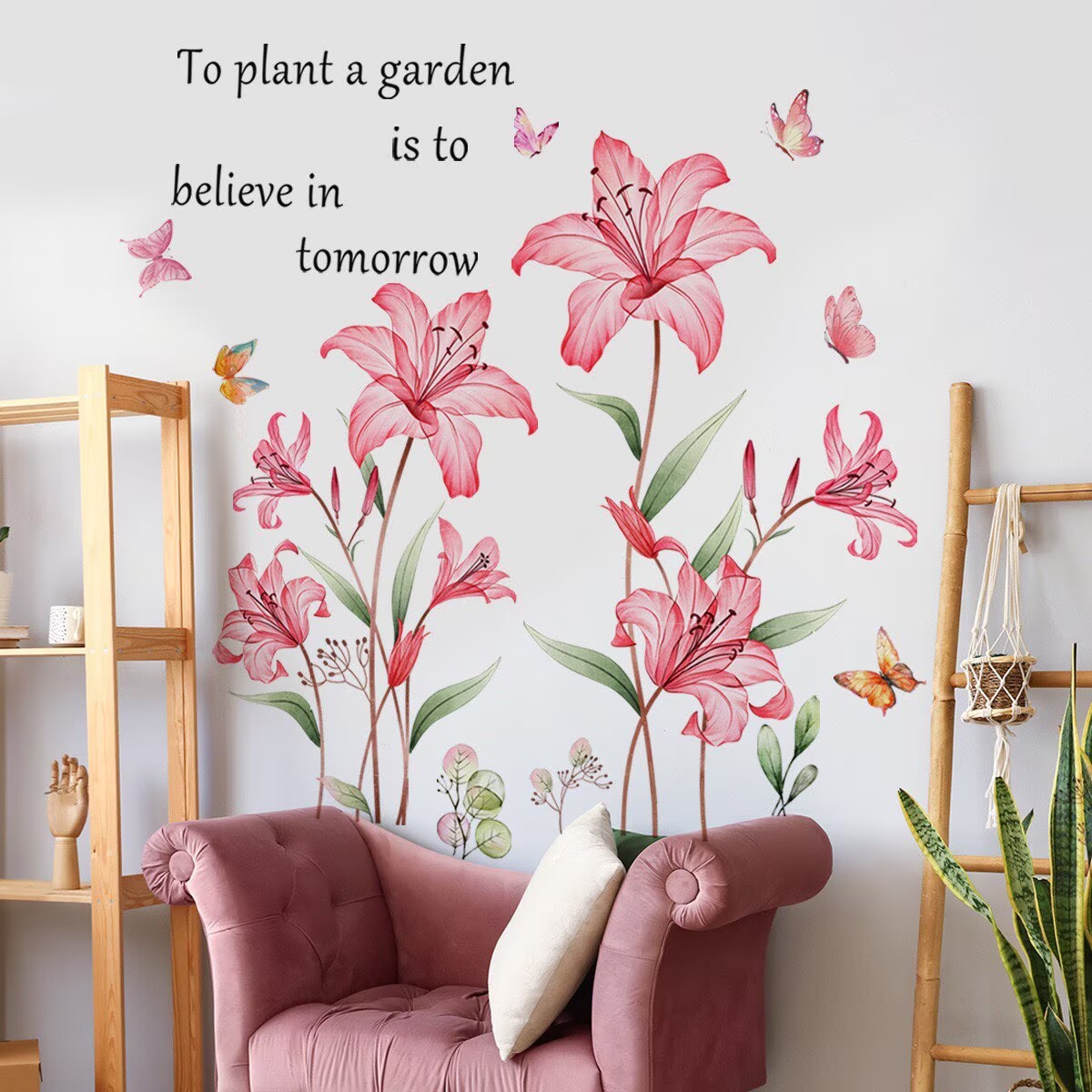 Large Lily Flower Wall Decals Pink Floral Butterfly DIY Peel and Stick Wall Stickers for Girls Bedroom Nursery Living Room Decor