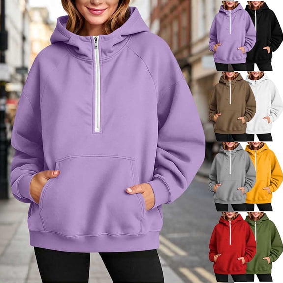 Otvok Women Relaxed Sweatshirts Hoodie, Quarter‑Zip Drawstring‑Hood Long‑Sleeve Everyday Pullover