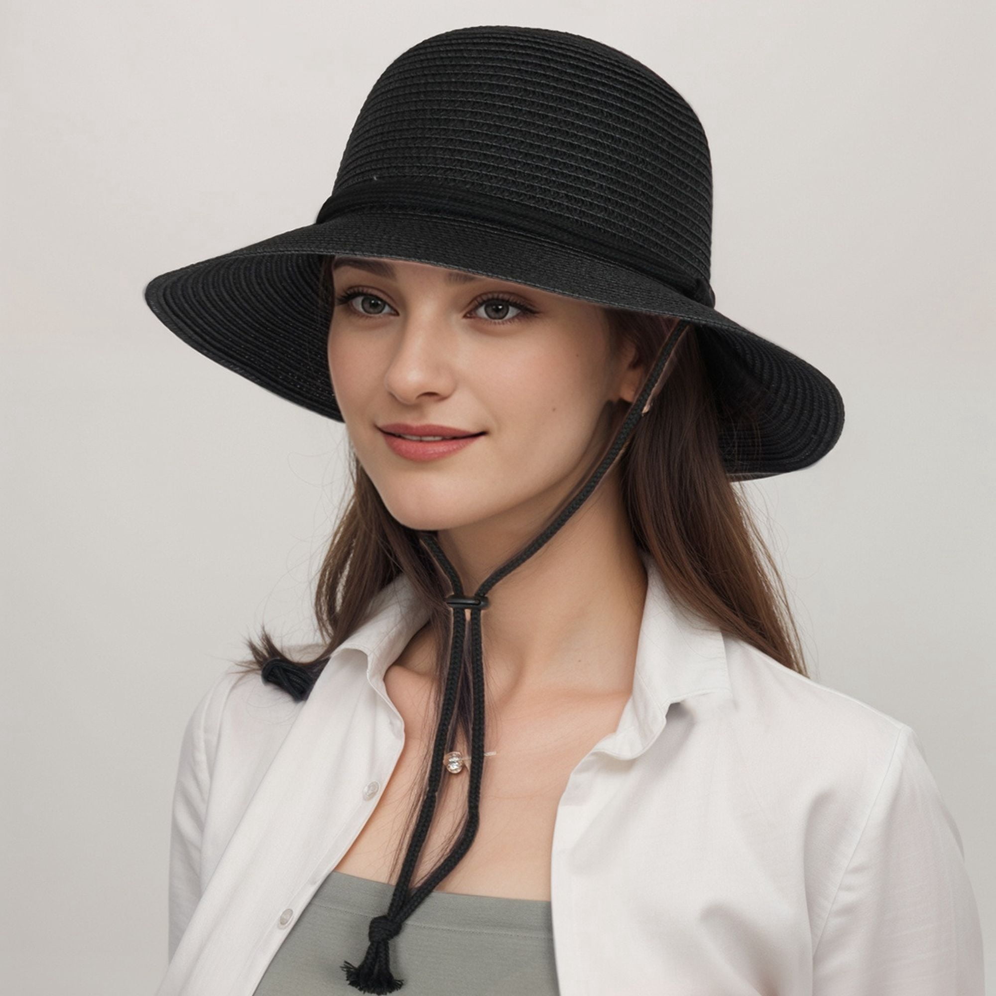 Wide Brim Straw Sun Hat with Chin Strap and Black Cord Detail for Outdoor Protection and Stylish Shade - Black