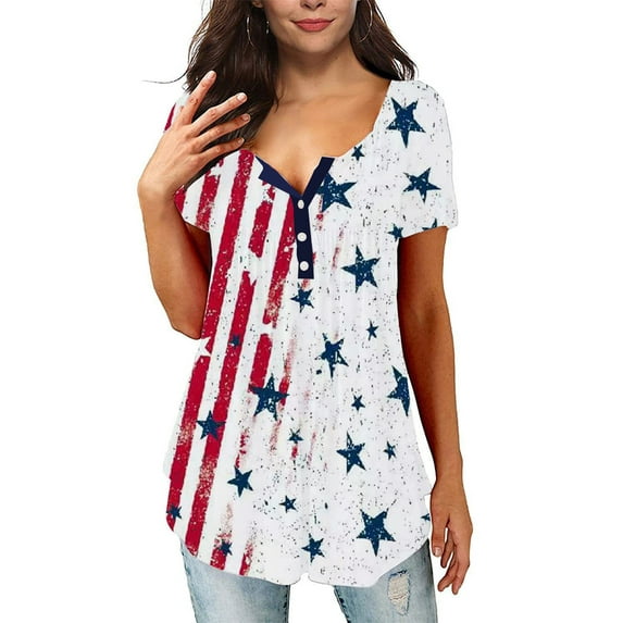 Qmyliery Women Independence Day Short Sleeve Tops with Flag Print, Loose Casual Style Patriotism Summer Clothing