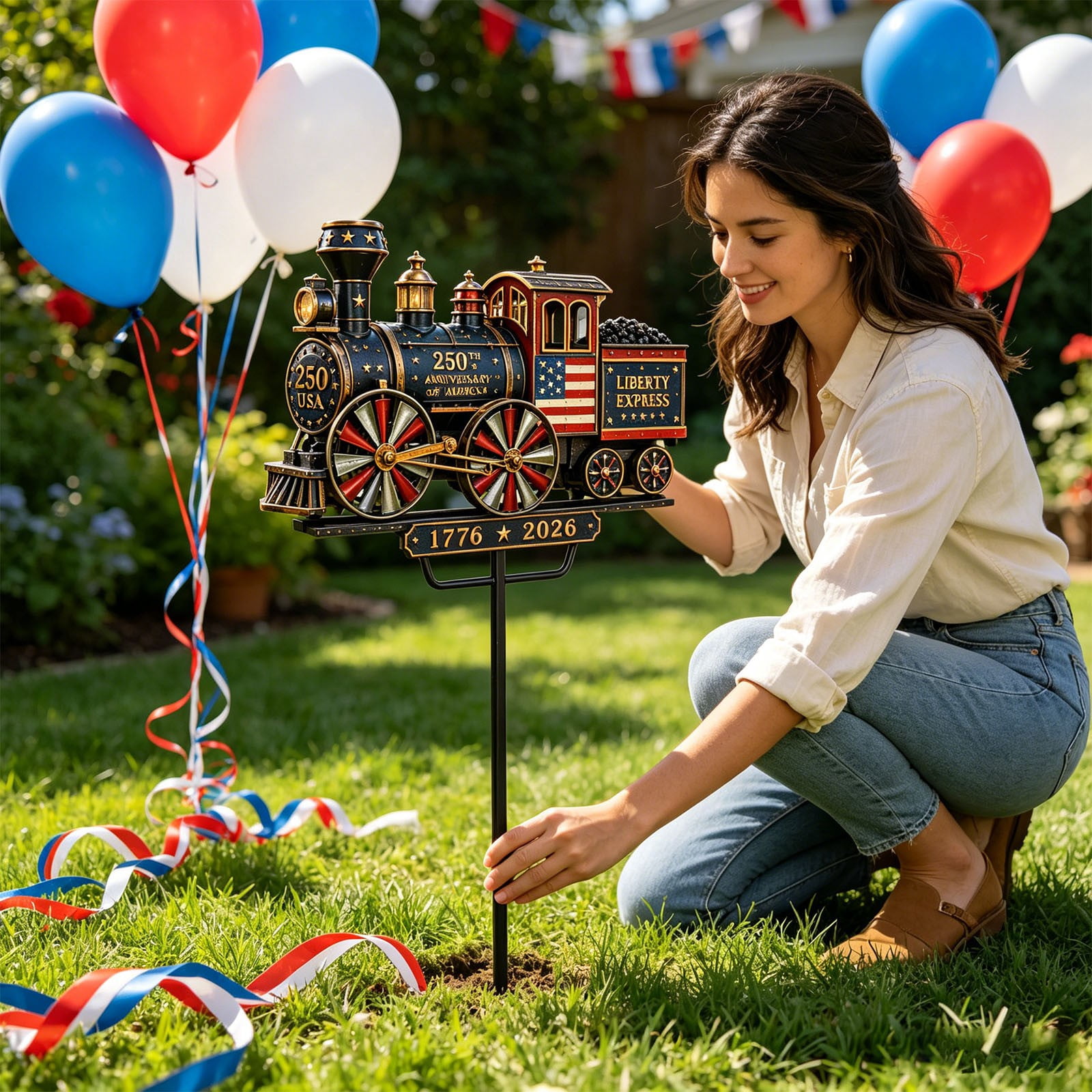 Eqslft 2D Liberty Express 250th Anniversary Train Yard Stake, Patriotic Metal Train Garden Decor, Anniversary Windmill Garden Outdoor Yard Art Metal Wind Sculpture Ornament