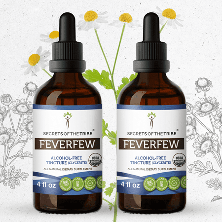 Secrets Of The Tribe Feverfew Organic Tincture Dietary Supplement, Natural Herbal Extract for Nervous System Balance, Certified Organic Feverfew (Tanacetum parthenium) Dried Herb, Alcohol-Free 2x4 oz