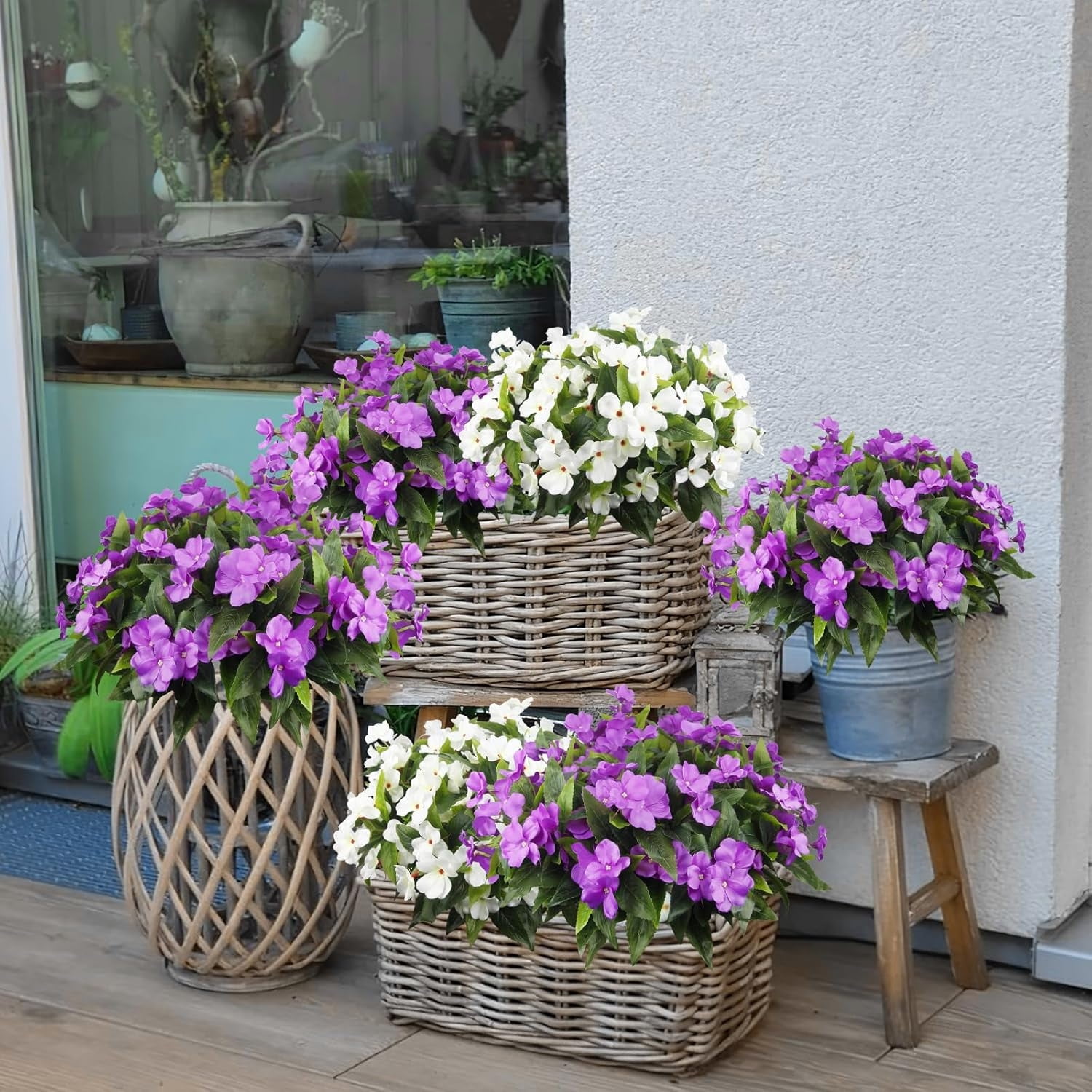 4 Pcs Artificial Flowers Impatiens Bushes Topboutique Silk Impatiens Flowers Faux Flower Greenery Bouquet Fake Flowers Plant for Wedding Home Patio Lawn Garden Porch Hanging Basket Decor, Purple