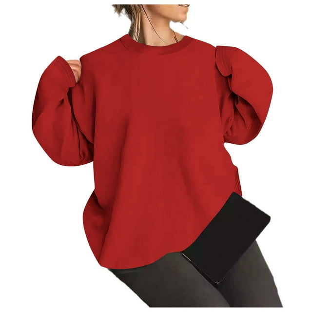 Timegard Chandails à Col Rond pour Femmes Automne Hiver Décontracté Confortable Couleur Unie Manches Longues Hauts Chandail