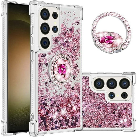 Case for Samsung Galaxy S24 Ultra, Galaxy S24 Ultra Case Glitter Clear TPU Cute Love Quicksand Sparkle Phone Case with Stand Liquid Shockproof Cover for Samsung Galaxy S24 Ultra Rose Gold YBZ