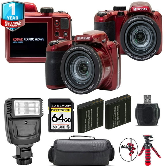 Kodak PIXPRO AZ425 Digital Camera (Red) 1 Yr Warranty Flash - 64GB Kit (International Version)