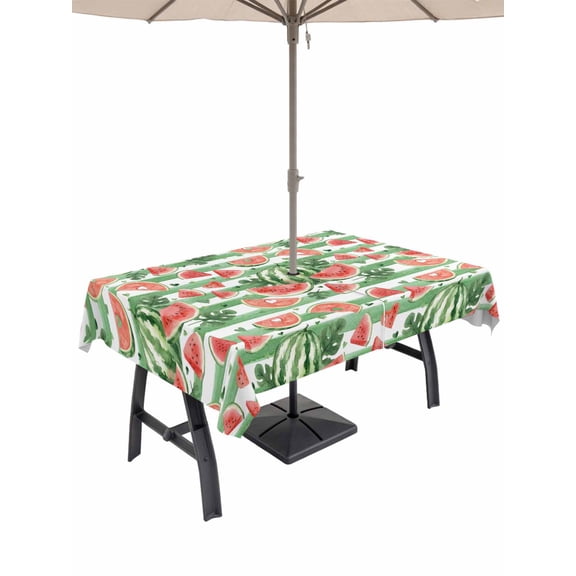 Outdoor Tablecloth with Umbrella Hole for Patio/Picnic/Party/Camping, Watermelon Waterproof Table Cloth Rectangle Table Cover Washable, Watercolor Fruits Green Palm Leaves Striped (60"x 84")