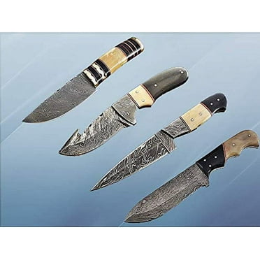 4 Pieces Damascus Steel Skinning Knives Set. Overall 36 inches Long Damascus Steel Blade Knives. Camel Bone & Bull Horn Scale, Each Knife Comes with Cow Hide Leather Sheath