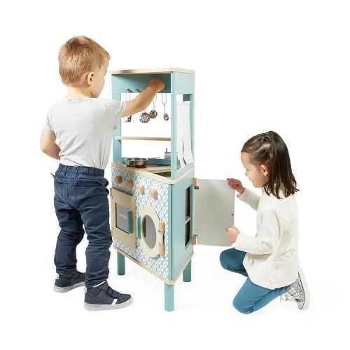 Janod - Trio Wooden Kitchen - Compact 3-Sided Kitchen - Pretend Play Kitchen & Tea Set Toy - Retro Style - 5 Metal Utensils Included - Water-Based Paints - 3 Years +