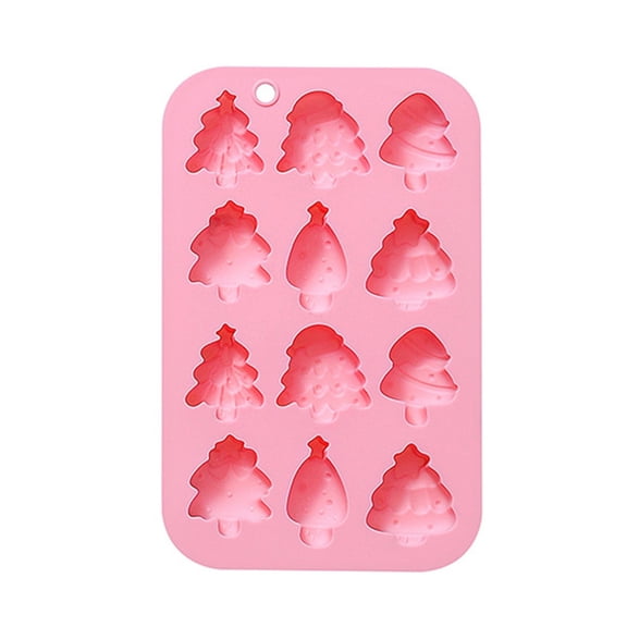 Christmas Silicone Chocolate Mold, 12-Cavity Pink Mini Christmas Tree Snowflakes Snowman Santa Claus Gift Box Gingerbread Candy Soap Candle Mold for DIY Baking