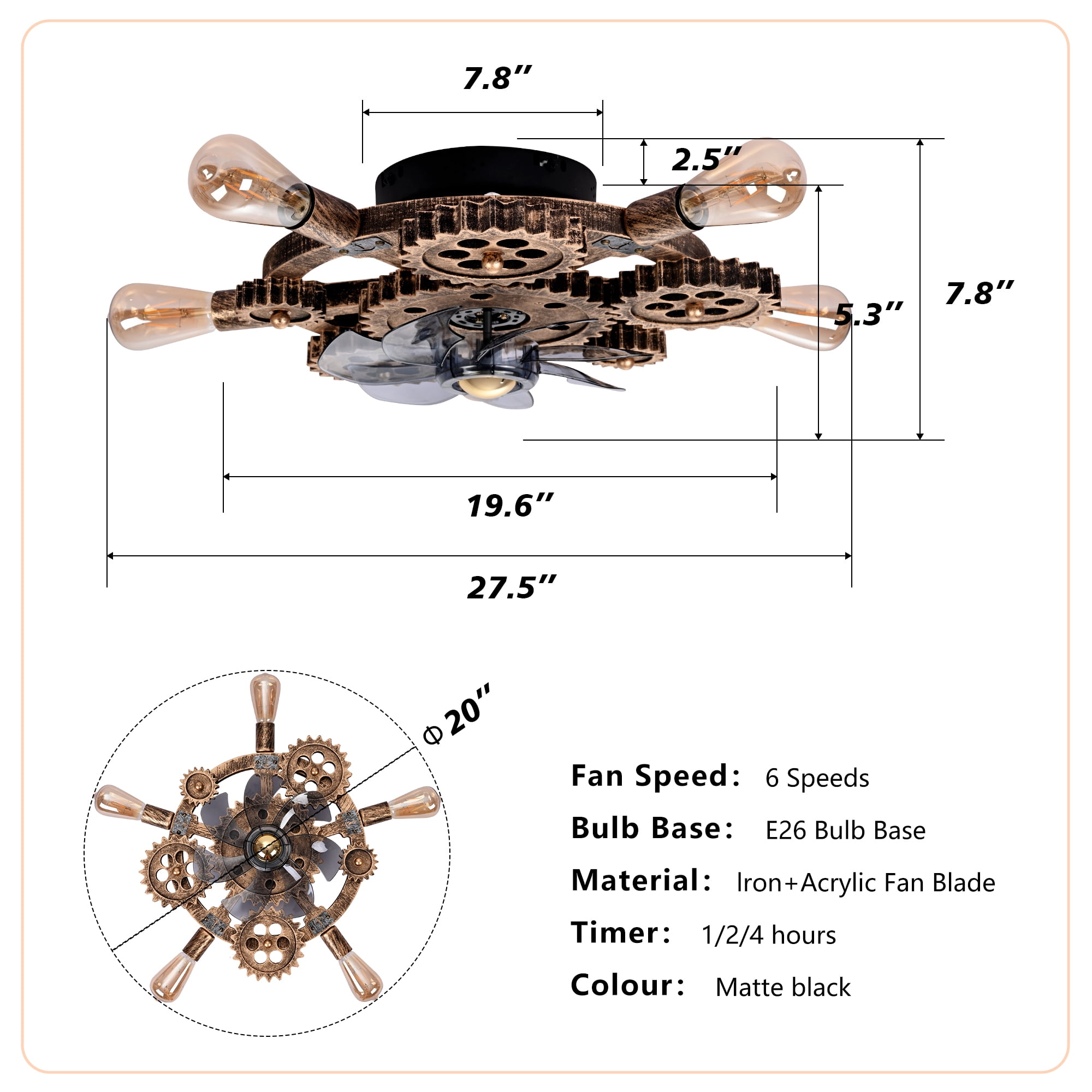 Leumius 19.6" Industrial Ceiling Fan with Light and Remote,Retro Ceiling Fan Lights with 7 Blades for Living Room Bedroom Dining Room (NOT Included Bulbs)
