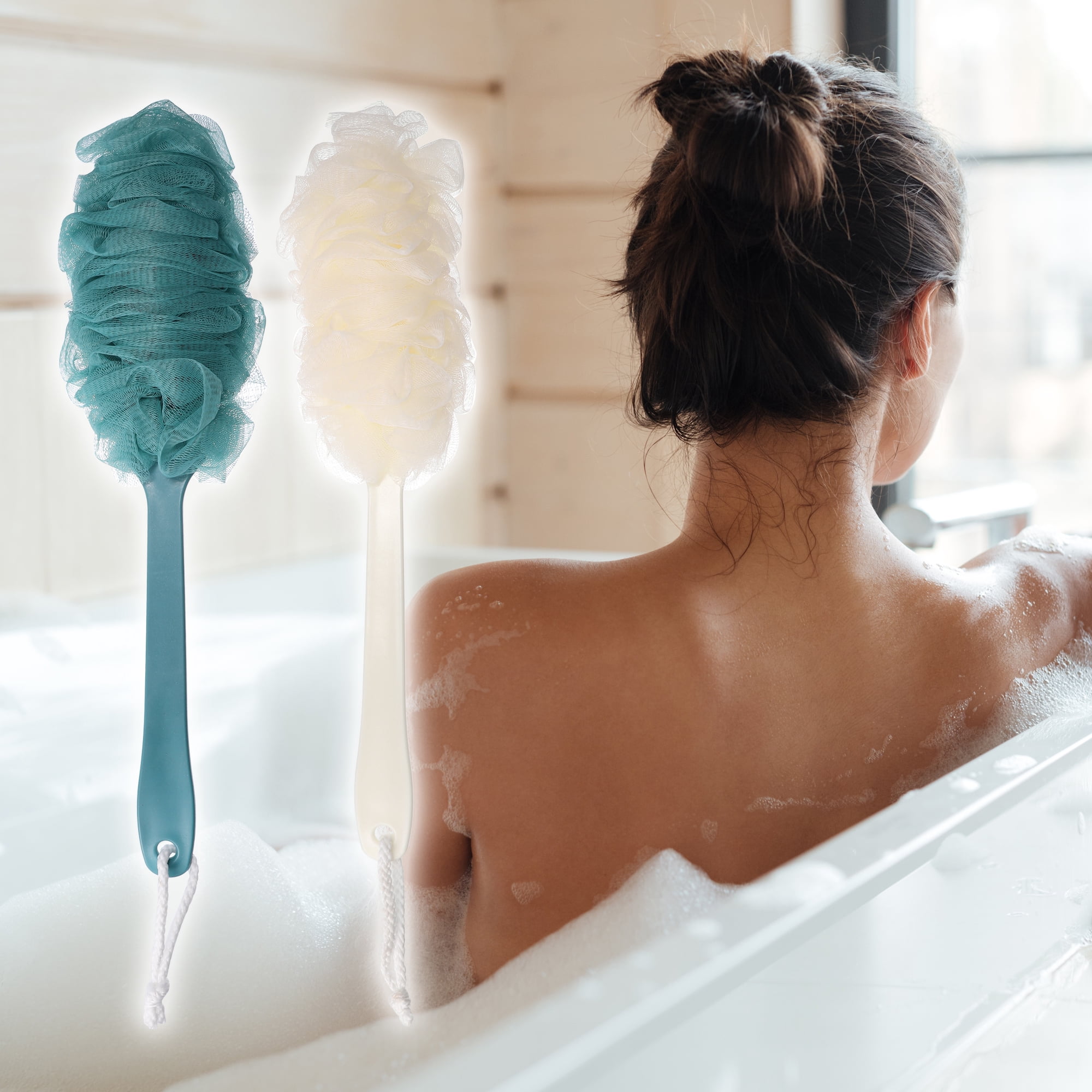 Unique Bargains 2 Pcs Body Bath Brush, Back Scrubber for Shower, Loofah Shower with Long Handle for Skin Exfoliating, PP Mesh Blue