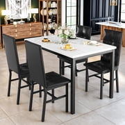 4-Person Dining Set: Modern Marble-Effect Dining Table with 4 PU Leather Upholstered Chairs. Kitchen dining furniture suitable for kitchens, dining rooms, and apartments.