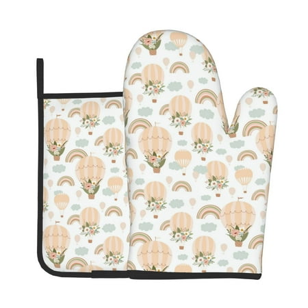 

Vsdgher Air Balloon and Flower Oven Mitts and Pot Holders 2 pcs Set High Heat Resistant Kitchen Oven Glove for Baking and Cooking