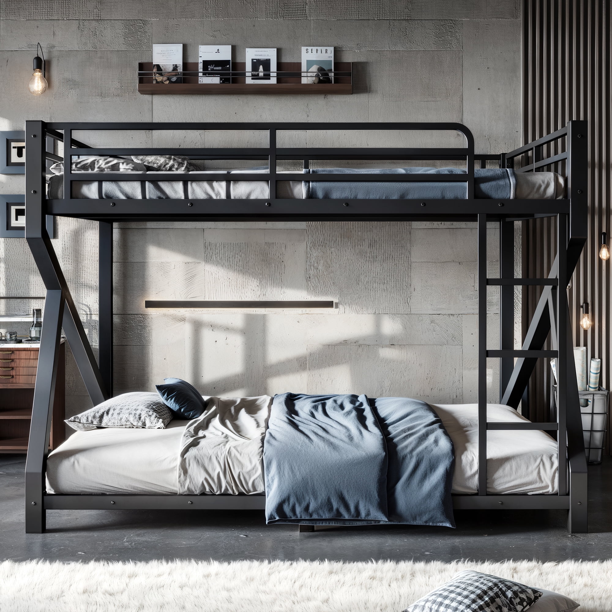 Mintazer Queen over Queen Bunk Bed with Side Ladder & Guardrail, Metal Bunk Bed for Bedroom Guest Room, Black