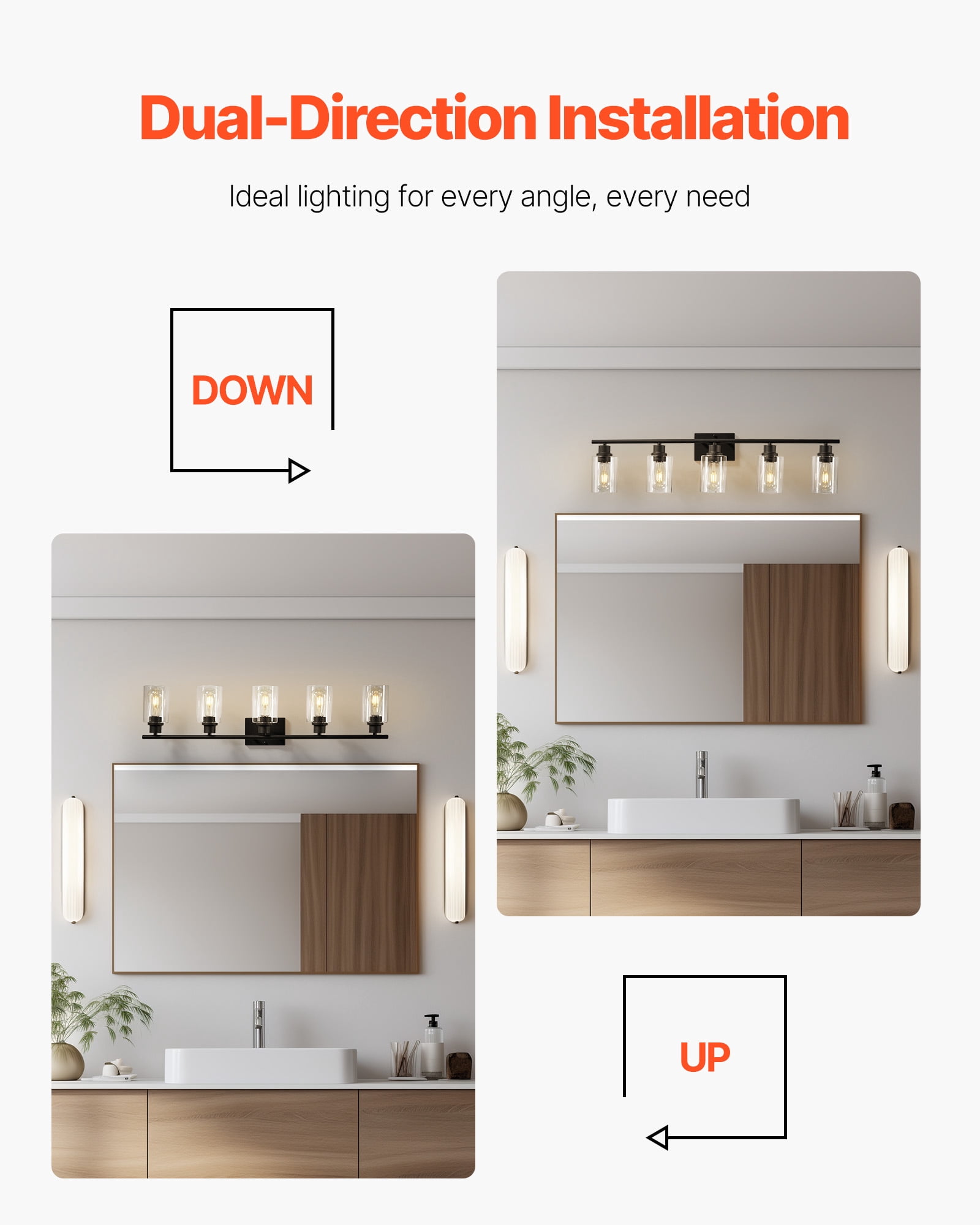 VEVOR 5-Light Bathroom Vanity Lights, 37.1-Inch, Modern Light Fixtures Above Mirror with Clear Glass Shade, 60W, Wall Lighting for Bathroom, Living Room, Bedroom, Hallway, E26 Base