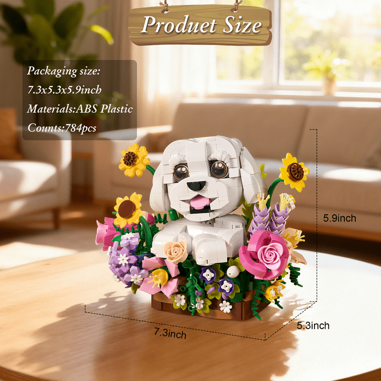Dog Flowers Basket Building Blocks Adorable Dogs Artificial