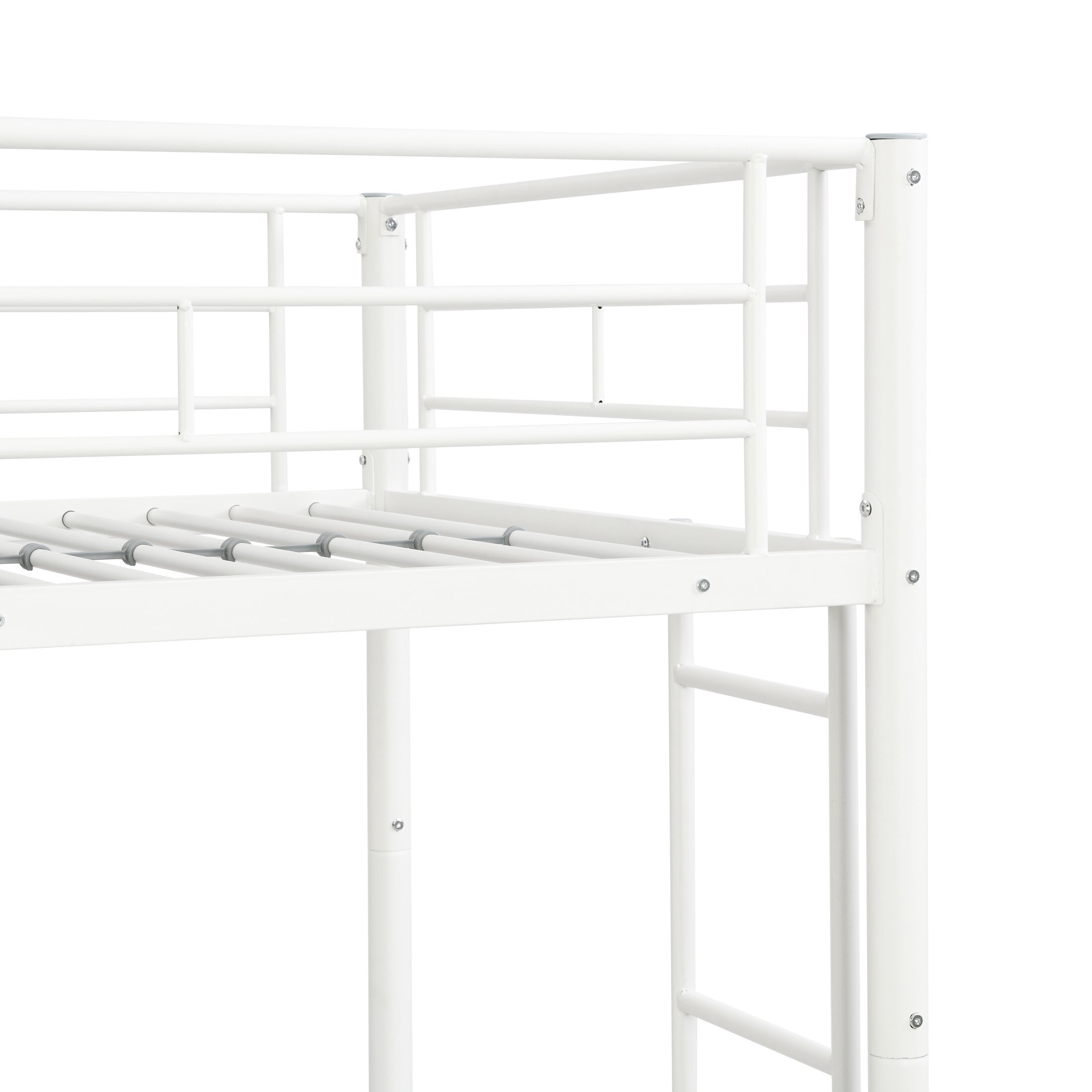 DEALTOPS Metal Bunk Bed Twin Over Twin, Durable Bunk Bed with Ladder and Full-Length Guardrail, White