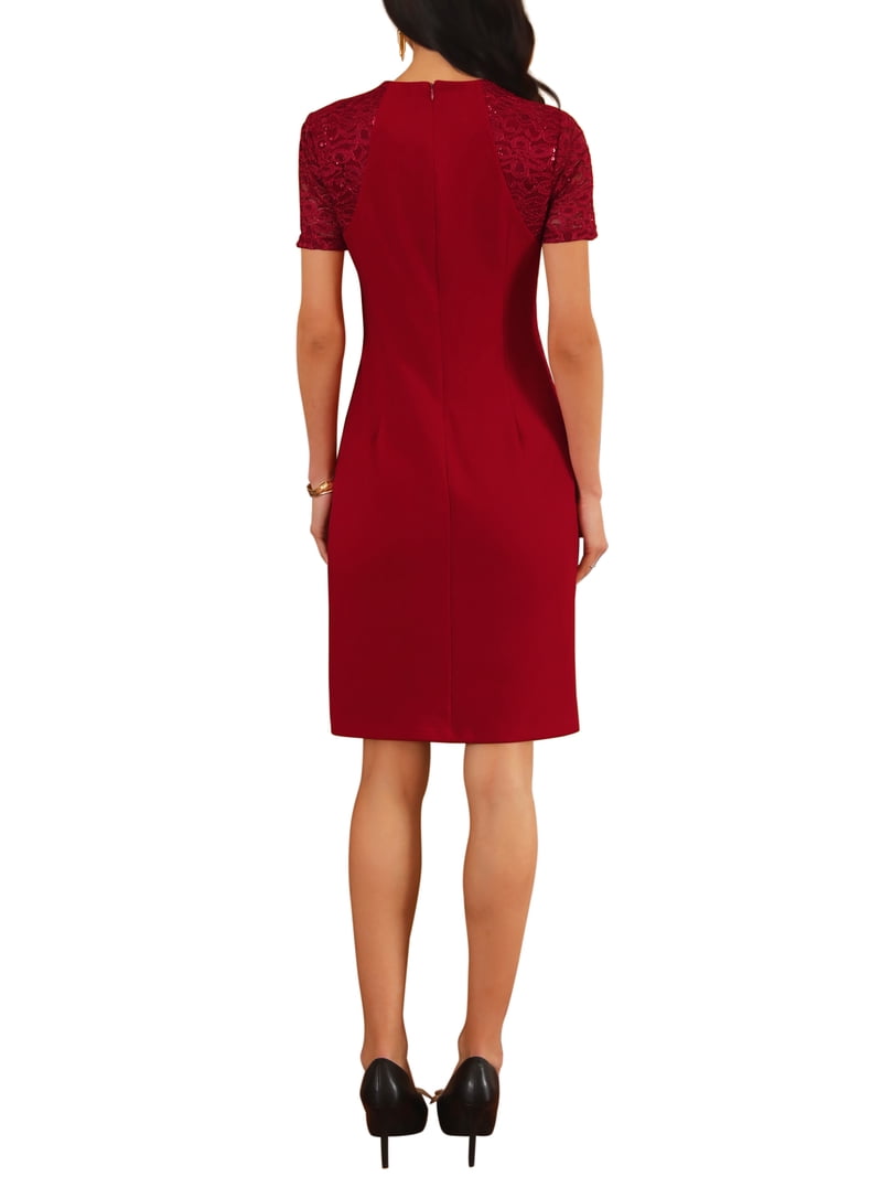 burgundy lace knee length dress INSPIRE CHIC Women's Sleeve Dresses Round Neck Bodycon Cocktail M col:cocktail-dresses