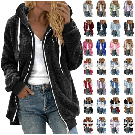 QATAINLAV Womens Oversized Fleece Hoodie Jacket Full Zip Up Fuzzy Plush Hooded Coats Winter Shaggy Warm Long Sleeve Outerwear Hot Pink XXXL