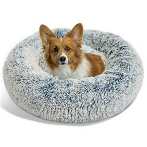 Best Friends by Sheri Original Calming Donut Dog and Cat Bed, Shag Faux Fur, Denim Blue, (30in x 30in) - Anxiety Relief for Pets Up to 45 lbs