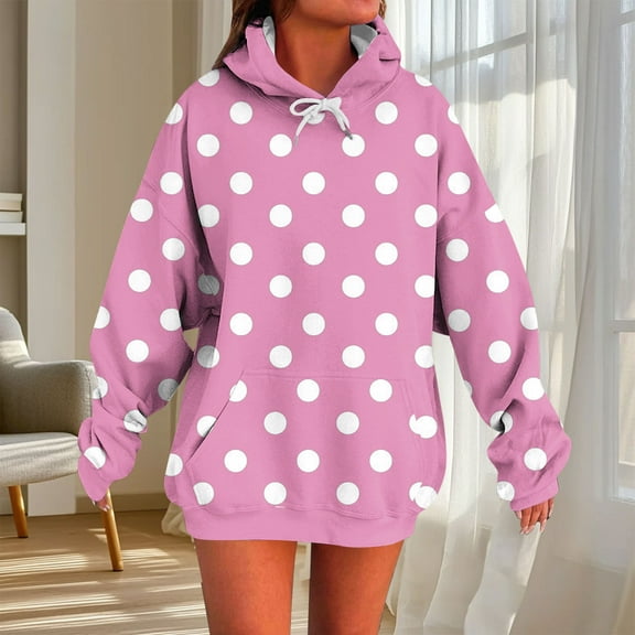 VOONCAS Women's Oversized Polka Dot Hoodie - Polyester Spandex Blend, Wrinkle-Resistant, Stretchy, Pink, Size XL