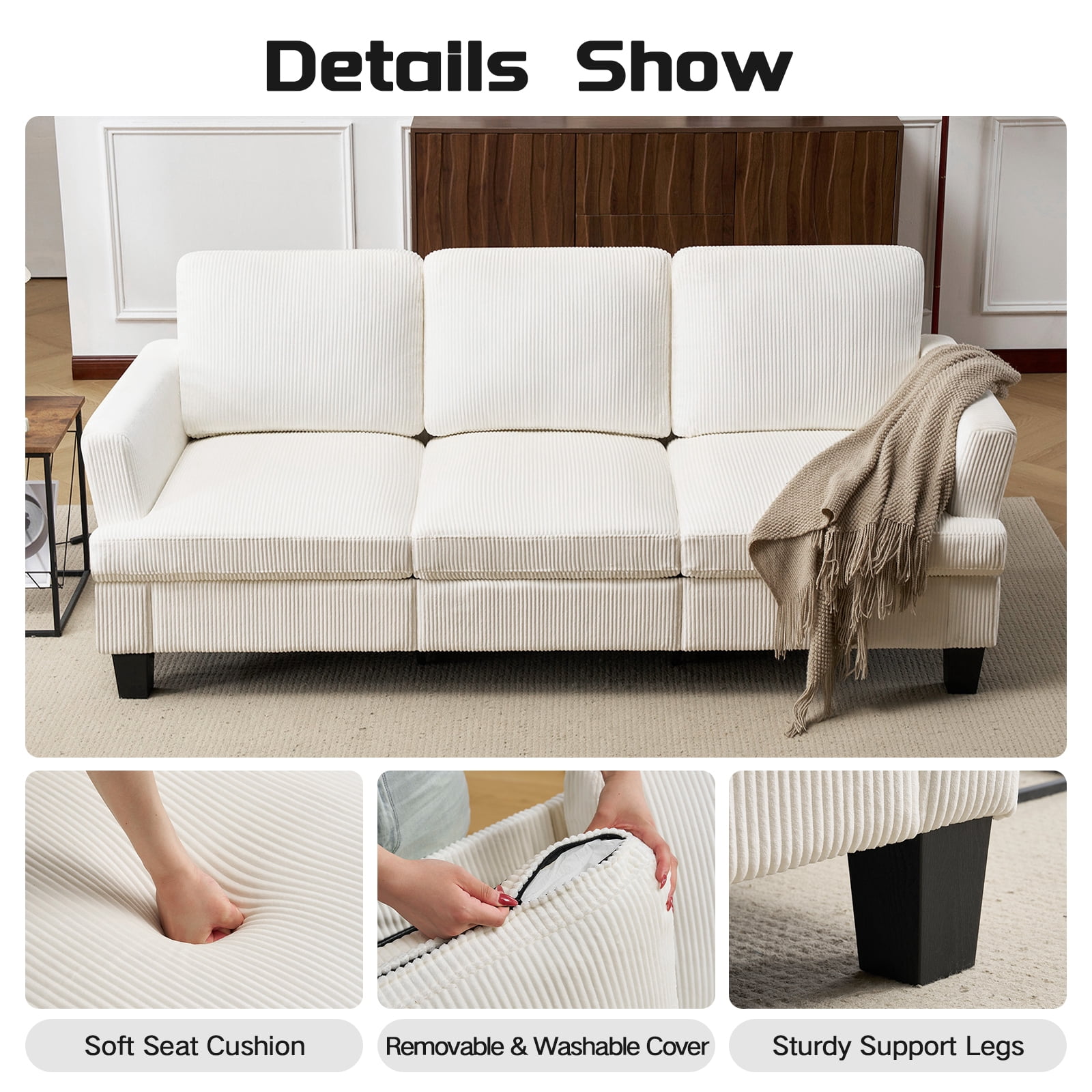 3 Seater Sofa, 84"W Corduroy Sofa with Extra Deep Seats, Modern Comfy Couch for Living Room, White