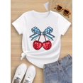thumbnail image 1 of Girls' Patriotic American Flag Cherry Print T-Shirt - Soft Stretchy Cotton Tee with Red White Blue Bow Design, Round Neck Casual Summer Top for Outdoor Activities, American Patriotic Shirts Girls, 1 of 6