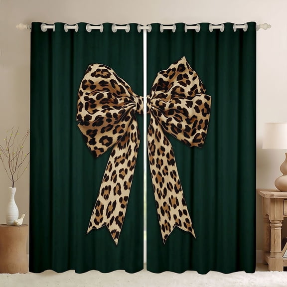 jejeloiu Cute Bowtie Bow Curtains Pack of 2 (42x84 Each),Chic Leopard Print Curtains Blackout,Green Brown Bedroom Curtains For Girsl Kids,Super Cozy Room Decor