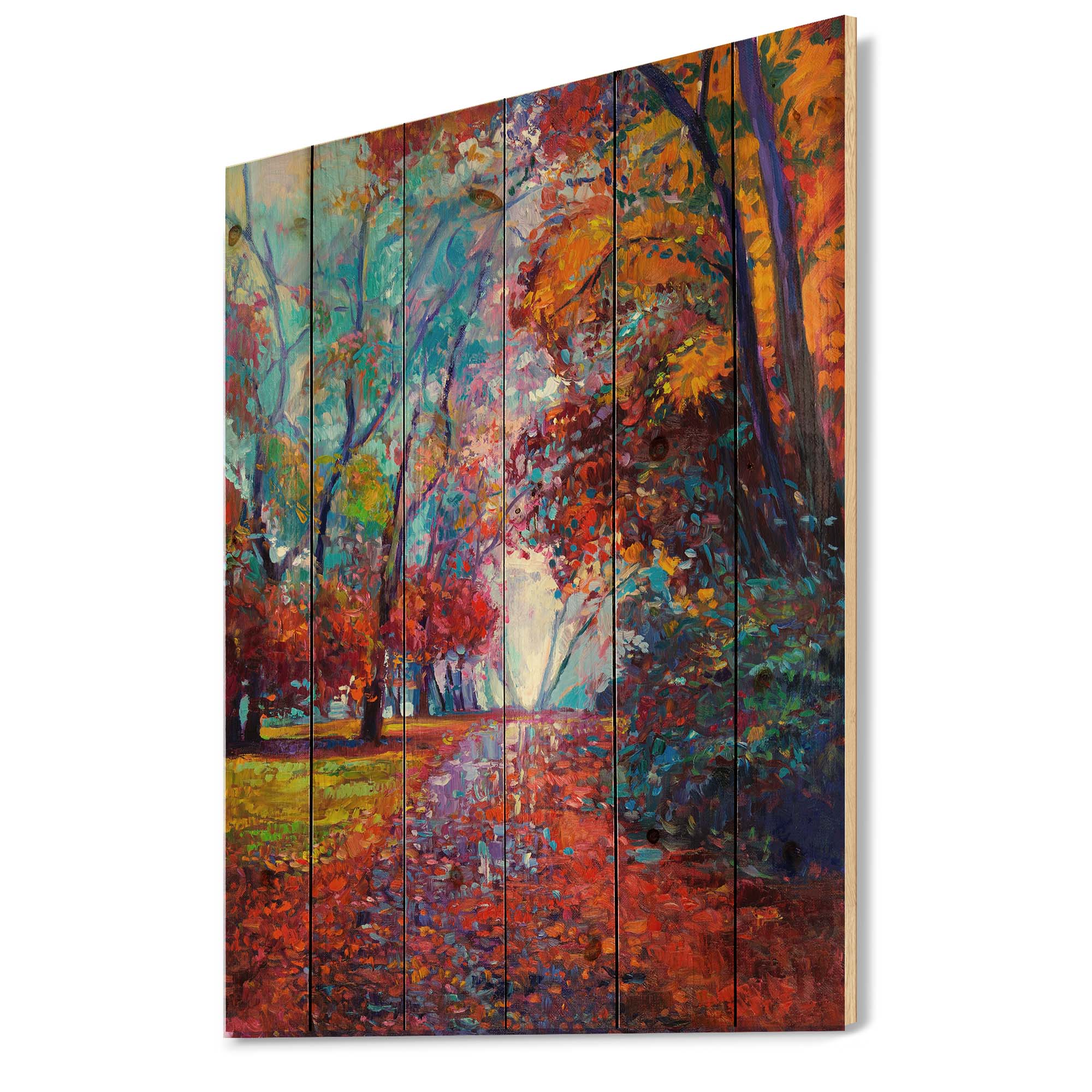 Designart 'Red Autumn Landscape With Little Road' Traditional Print on Natural Pine Wood