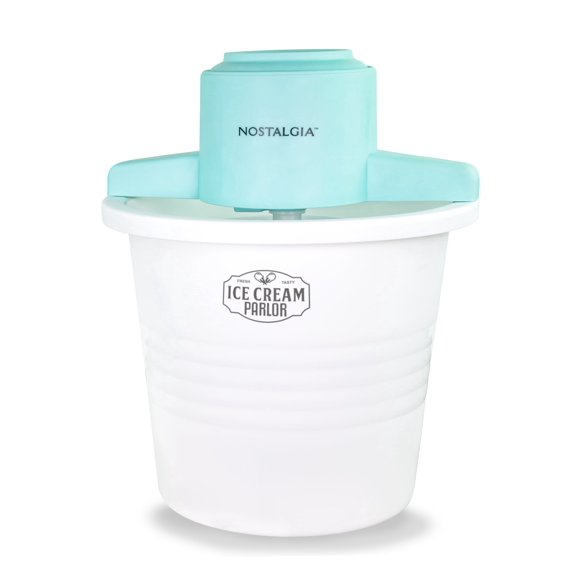Nostalgia 4-Quart Ice Cream Machine, Vintage Electric Ice Cream Maker with Clear Lid, White/Blue