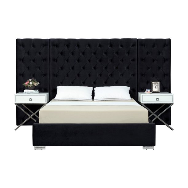 Grande Black Velvet Queen BedColorBlack Velvet,StyleContemporary