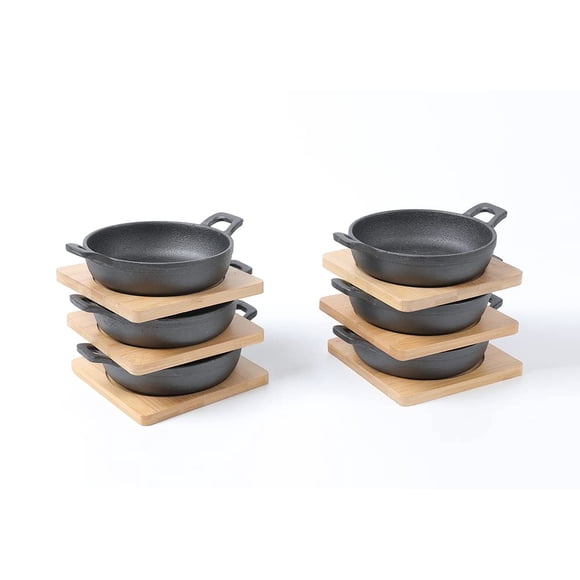 Hawok Mini Cuenco Para Servir De Hierro Fundido De 4,7 Pulgadas De Diámetro Con Bandeja De Bambú, Juego De 6