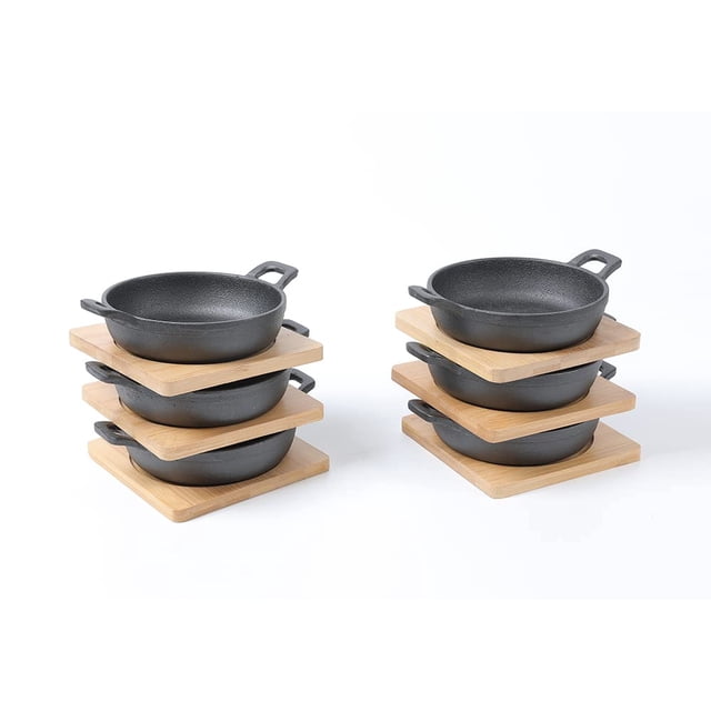 Hawok Mini Cuenco Para Servir De Hierro Fundido De 4,7 Pulgadas De Diámetro Con Bandeja De Bambú, Juego De 6