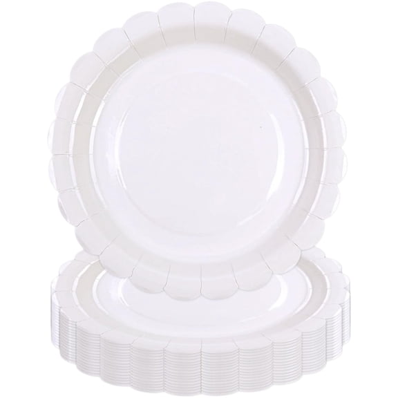 50 Pcs White Paper Plates 7 Inch, Scalloped Paper Plates Disposable Cake Dessert Dinner Plate For Birthday Shower Wedding Party Decorative Supplies