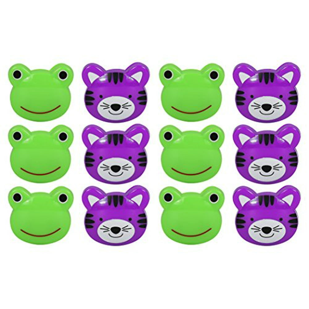 Set of 12 Purple Tiger and Green Frog Novelty Animal Face Bag Clips