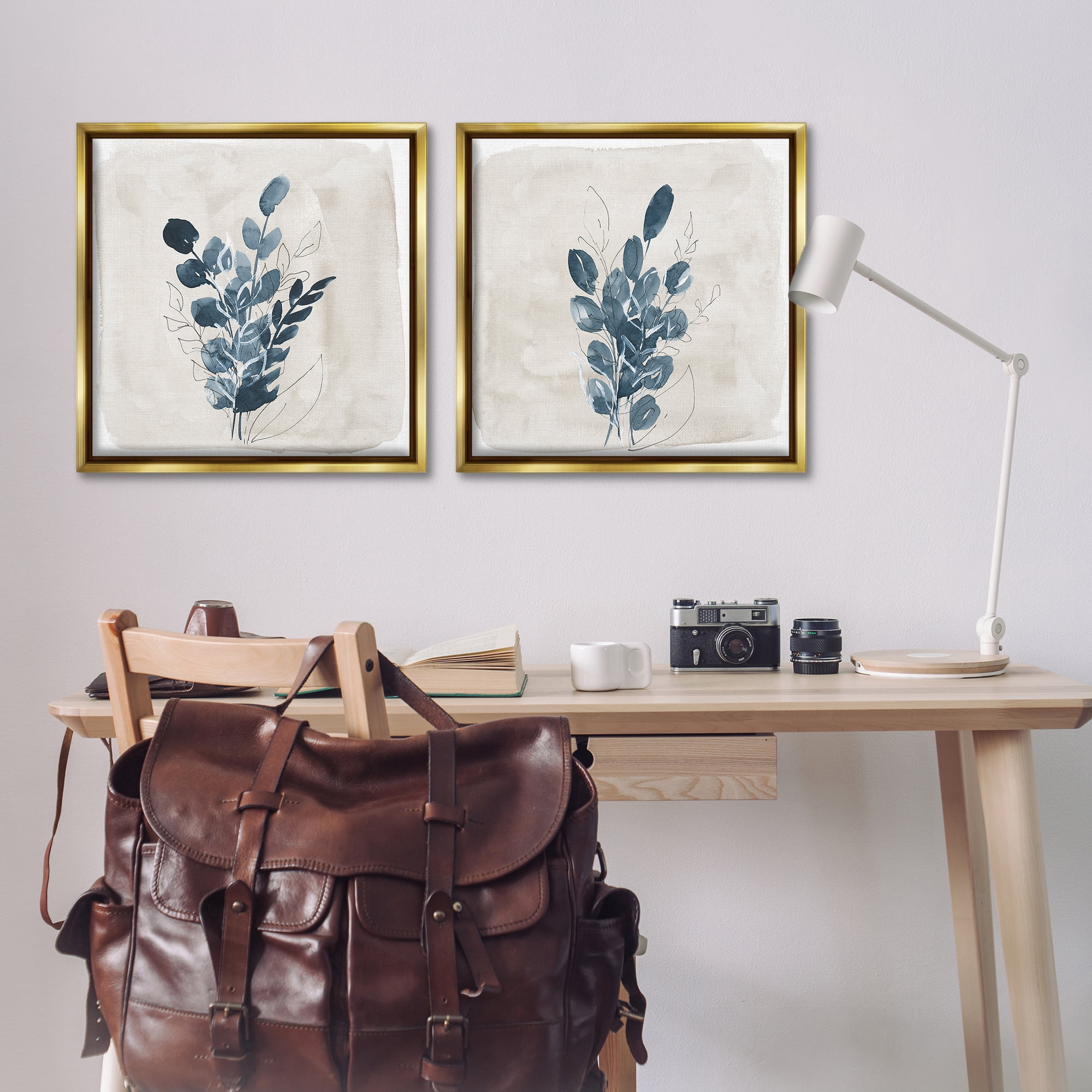 Stupell Industries Blue Summer Leaves Plants & Flowers Painting Gold Floater Framed Canvas Art Print Wall Art, 25 x 25, Set of 2