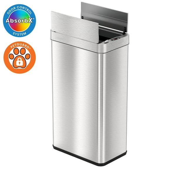 iTouchless 18 gal Wings Open Lid Sensor Garbage Can with AbsorbX Odor Filter & PetGuard, 68 Liter Automatic Stainless Steel Kitchen Garbage Bin for Under the Counter & Tight Space